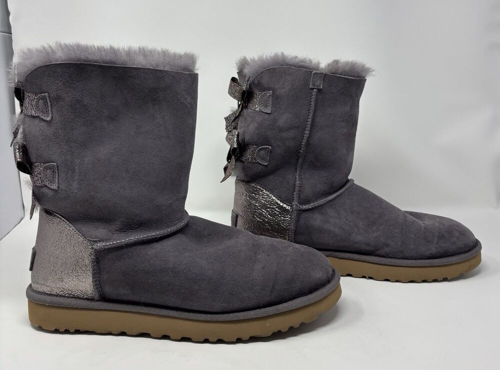 UGG Bailey Bow Glitz Real Shearling Mid-Calf Boots Gray Twinface Sheepskin Sz 10